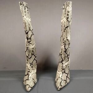 Womens Snakeskin Knee High Boots Pointed Toe Kitten Heel Zip